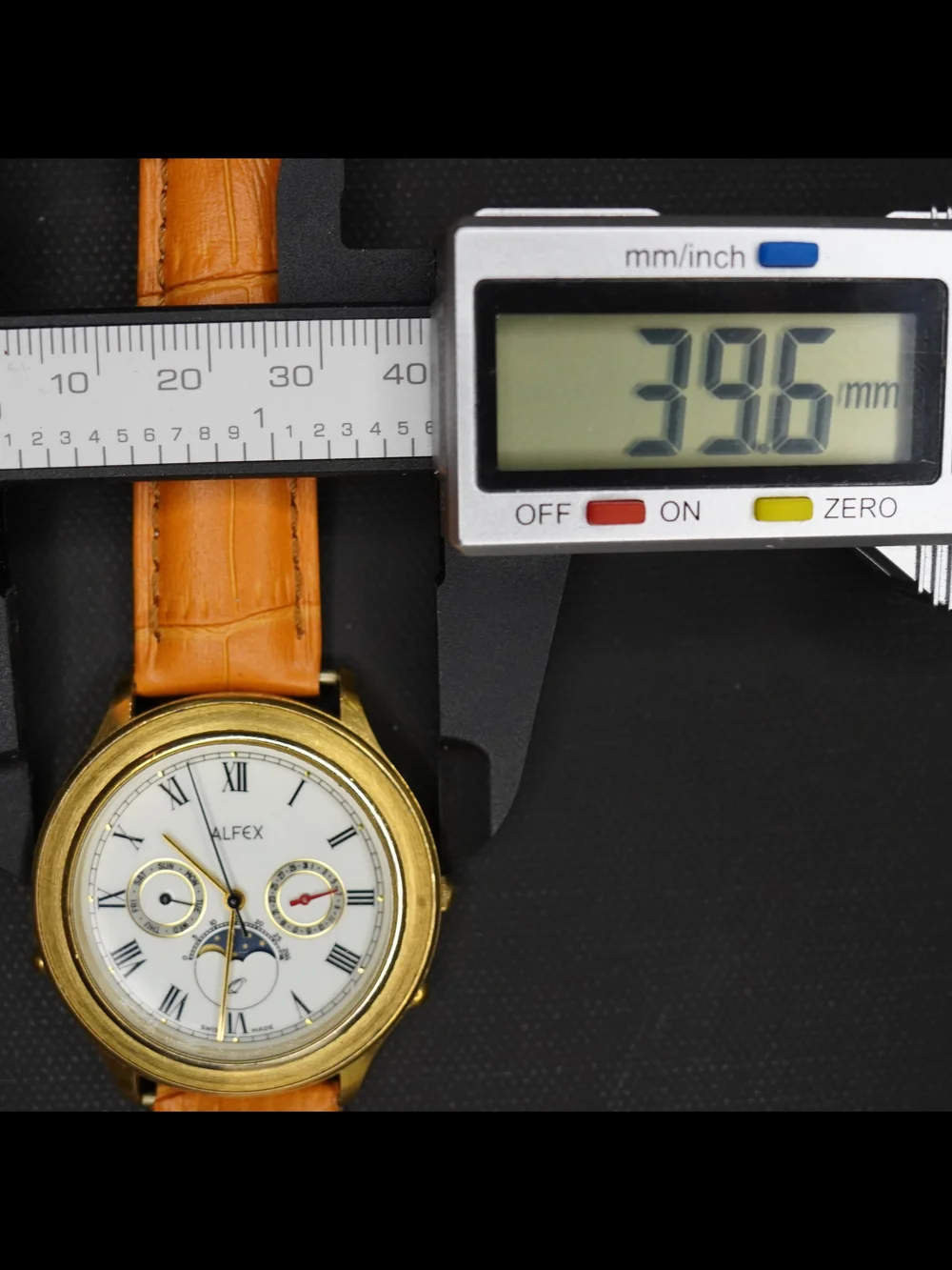 Alfex 4541 Swiss Made Moonphase Triple Calendar White Dial Gold Tone Men's Watch